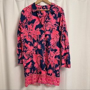 Lilly Pulitzer EUC floral print tunic pink blue  bird pattern long sleeve b-neck